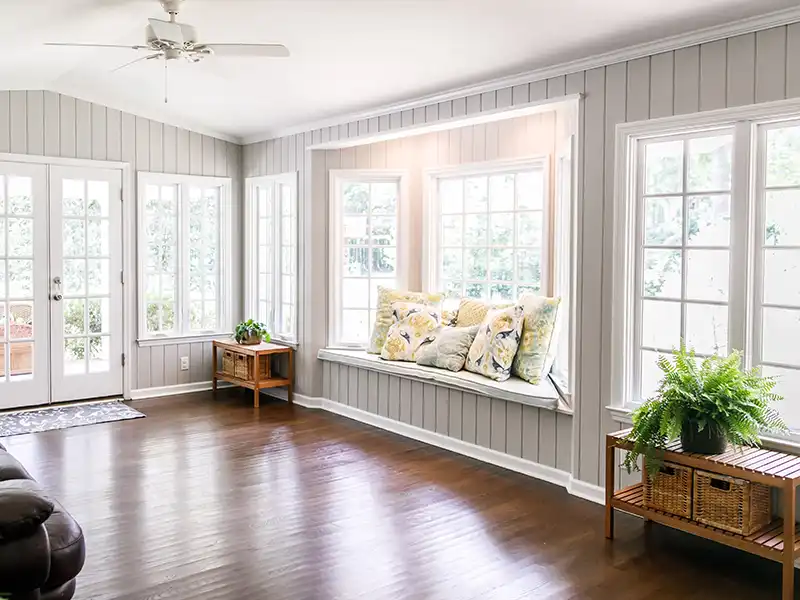 Bright living room space with windows